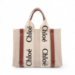 Chloe Woody Canvas Leather Handbag Beige